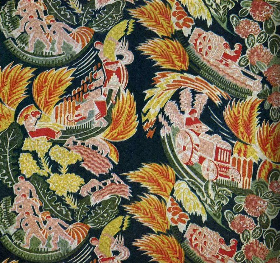 Village soviétique, ferme collective sur tissu