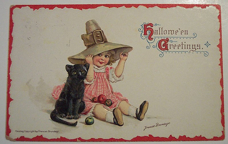 Fille avec un chat - carte postale ancienne