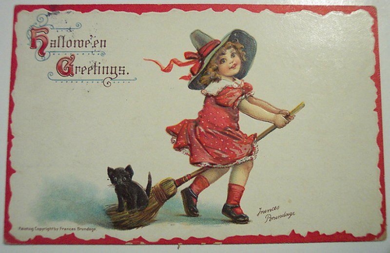 Fille avec un balai - carte postale antique