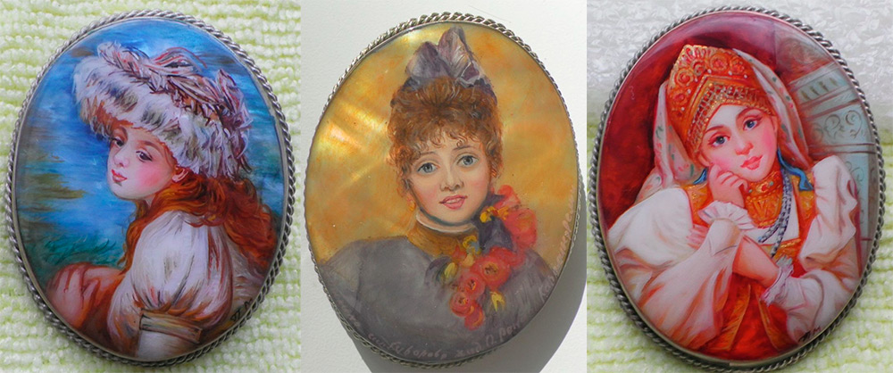 Broche portrait fait main Fedoskino
