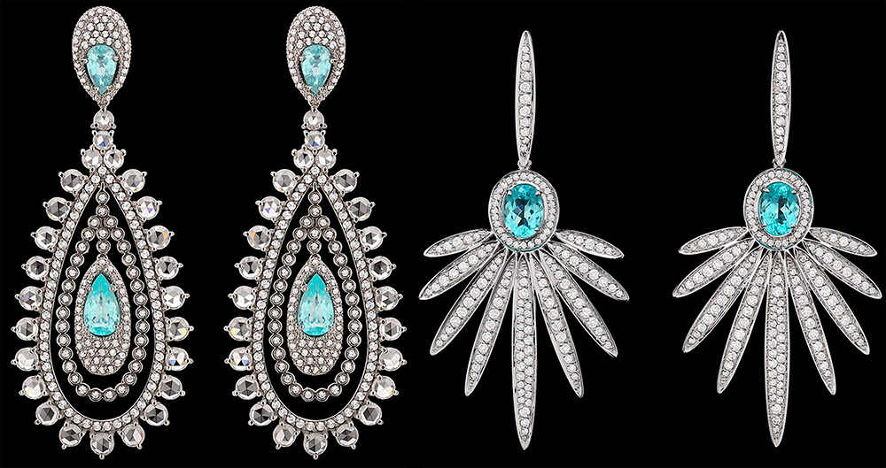 Boucles d'oreilles avec pierre Paraiba et diamants