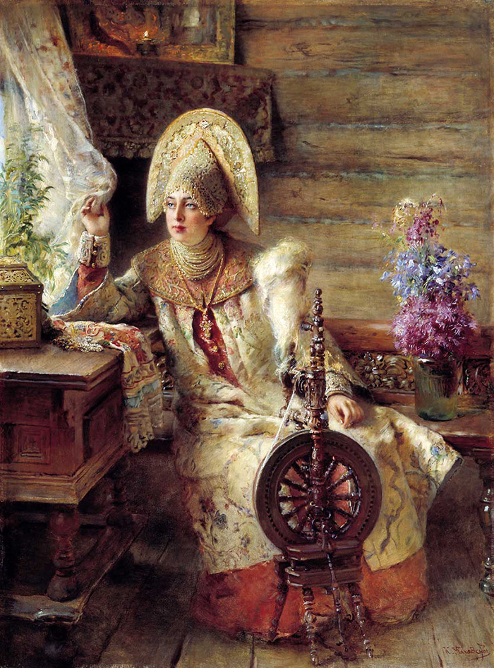 Makovsky boyarynya avec un rouet