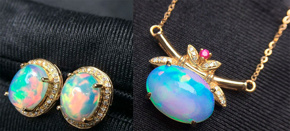 Boucles d'oreilles et pendentif opale blanche