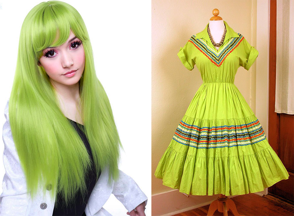 Cheveux et robe chartreuse